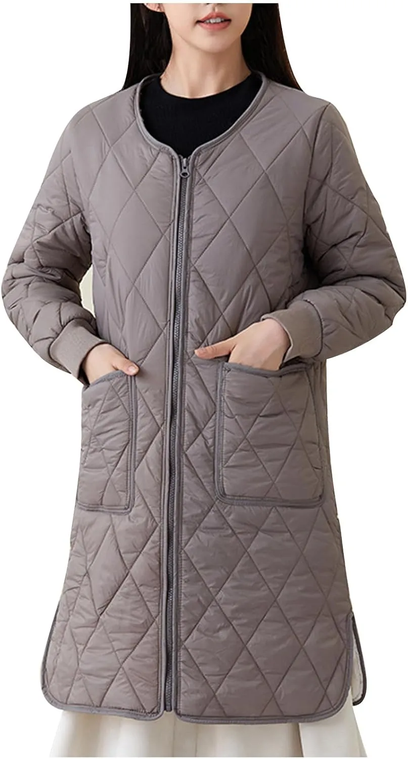Womens Lightweight Quilted Jacket Winter Warm Fleece Mid-Length Cotton Padded Puffer Coats Collarless Split Hem Outwear