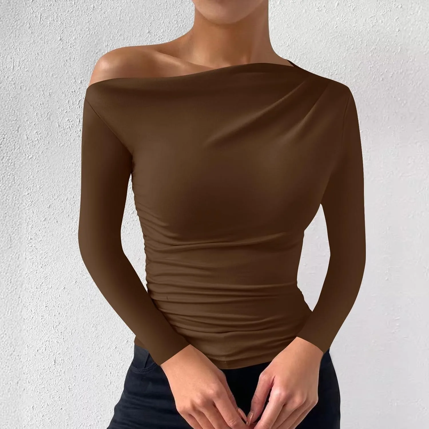 Women's Long Sleeve One Shoulder Tops Ruched Slim Fit Y2K Tight Shirts Solid Color Fall Winter Office Work Sexy Tops