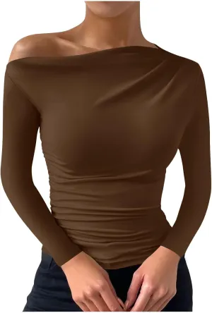 Women's Long Sleeve One Shoulder Tops Ruched Slim Fit Y2K Tight Shirts Solid Color Fall Winter Office Work Sexy Tops