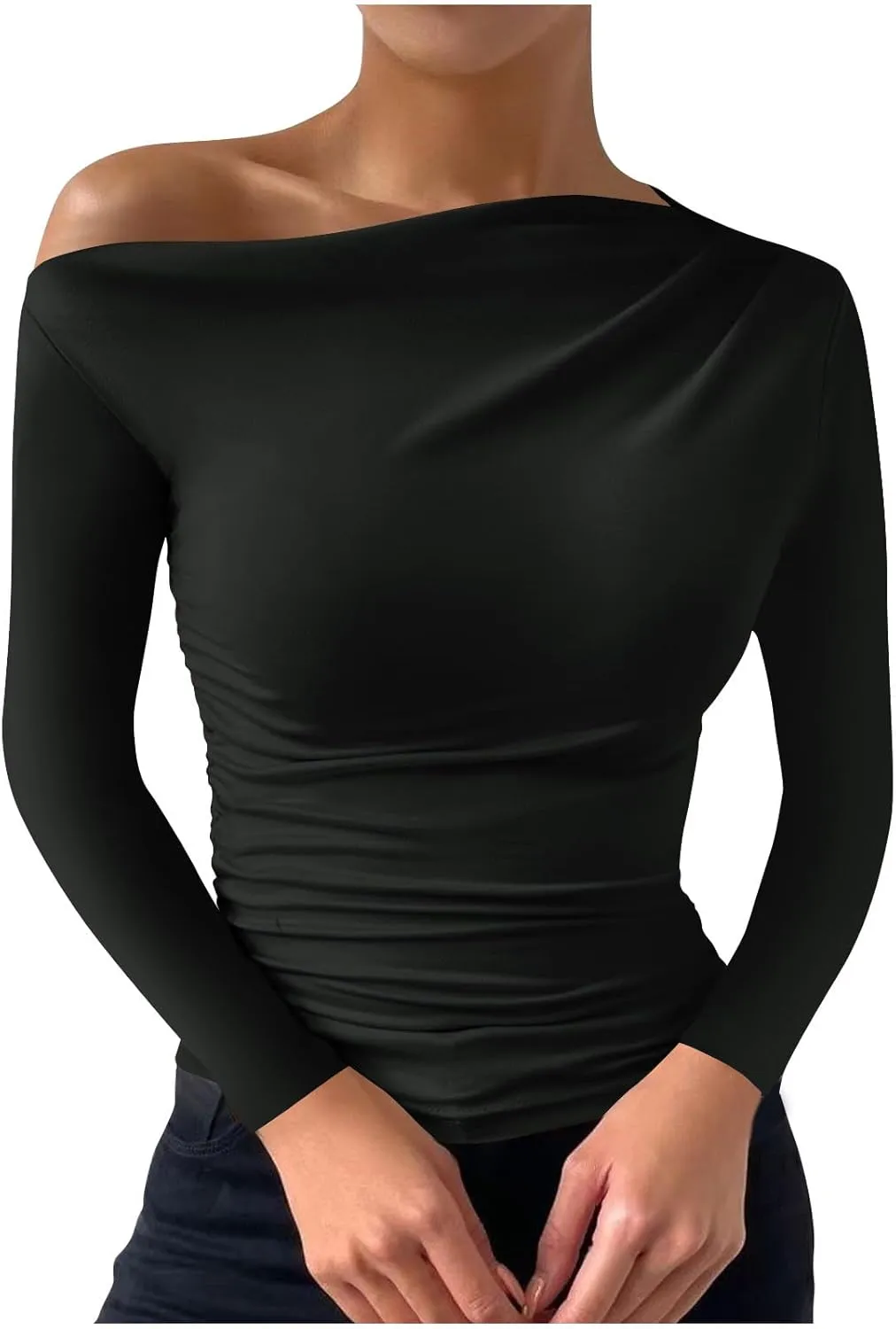 Women's Long Sleeve One Shoulder Tops Ruched Slim Fit Y2K Tight Shirts Solid Color Fall Winter Office Work Sexy Tops