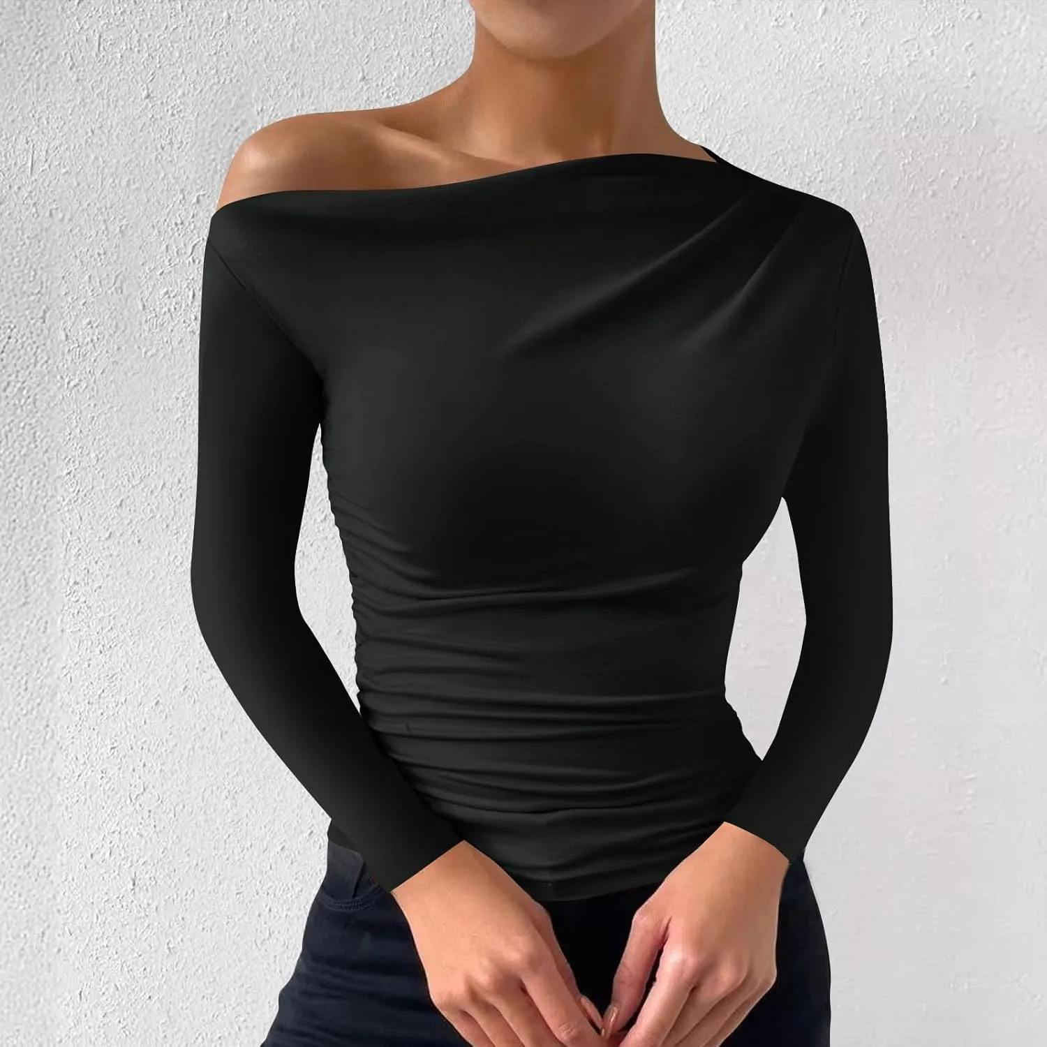Women's Long Sleeve One Shoulder Tops Ruched Slim Fit Y2K Tight Shirts Solid Color Fall Winter Office Work Sexy Tops