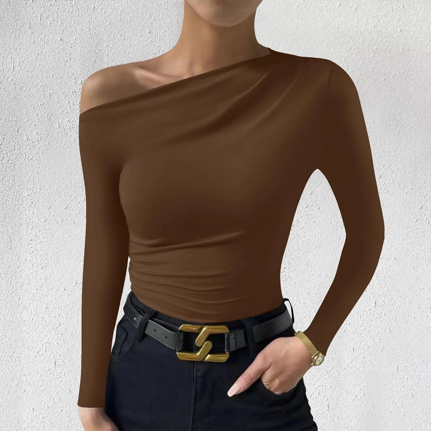 Women's Long Sleeve One Shoulder Tops Ruched Slim Fit Y2K Tight Shirts Solid Color Fall Winter Office Work Sexy Tops