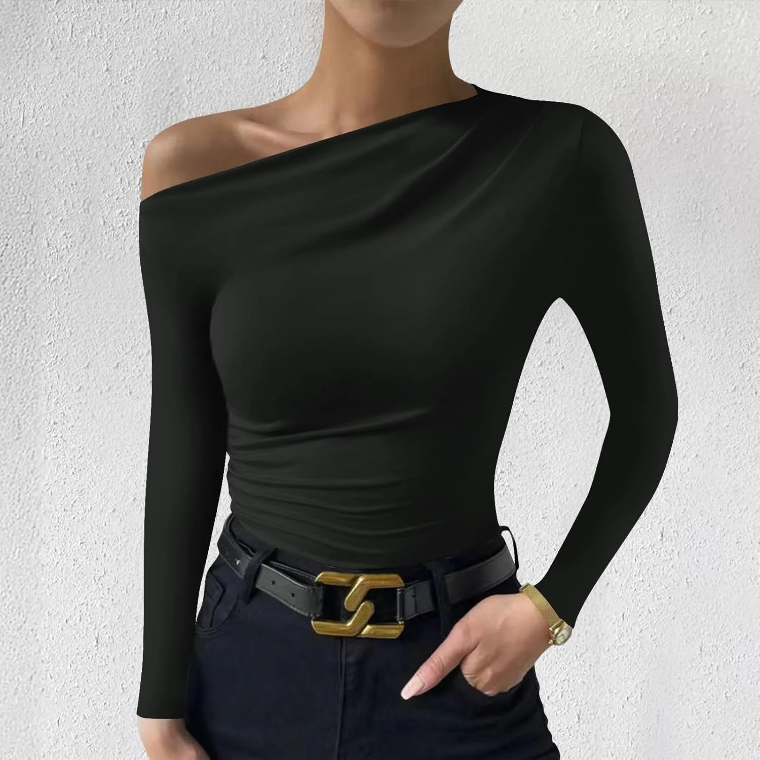 Women's Long Sleeve One Shoulder Tops Ruched Slim Fit Y2K Tight Shirts Solid Color Fall Winter Office Work Sexy Tops