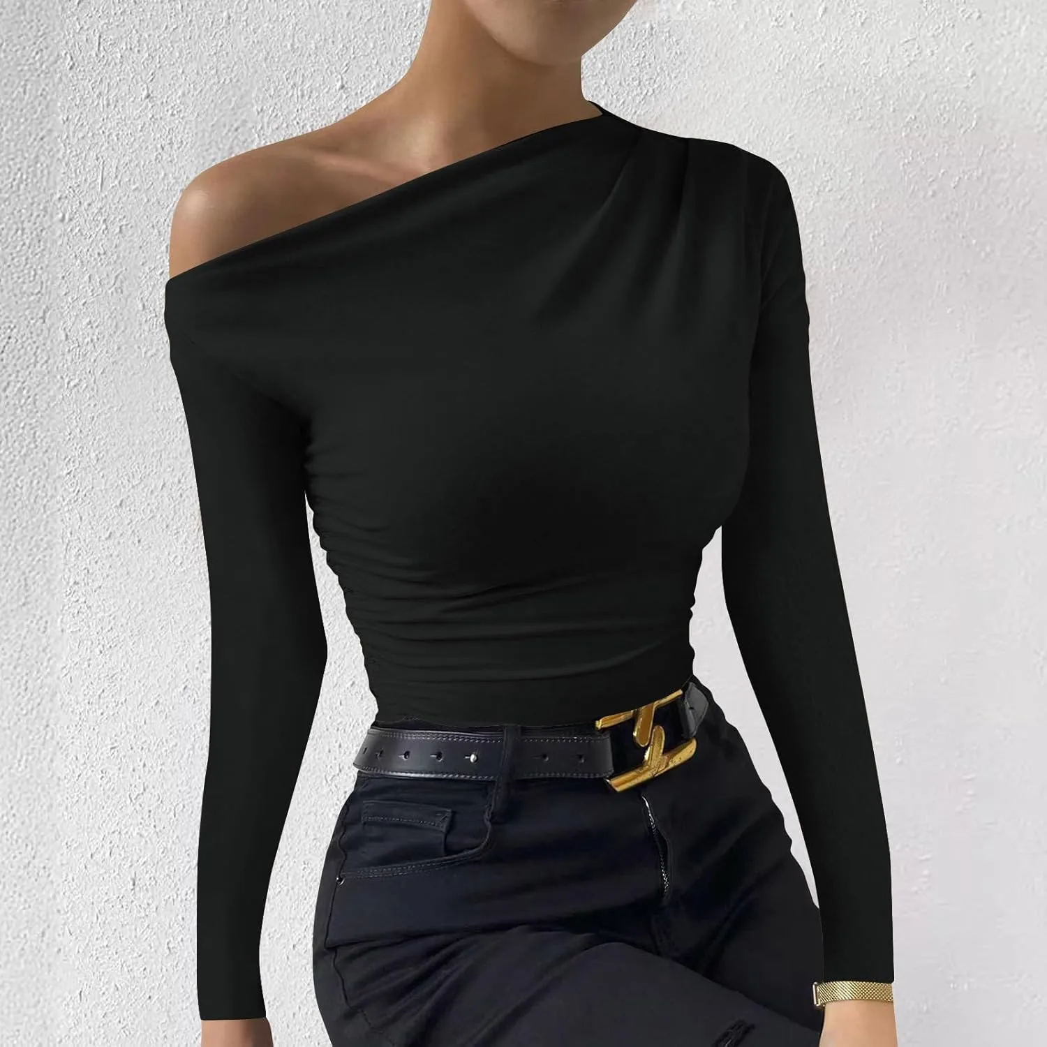 Women's Long Sleeve One Shoulder Tops Ruched Slim Fit Y2K Tight Shirts Solid Color Fall Winter Office Work Sexy Tops