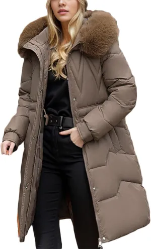 Women's Long Winter Faux Fur Hooded Puffer Warm Jacket Thickened Cotton Padded Down Coat Zip Quilted Pockets Outwear