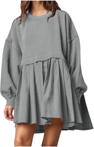 Womens Mini Sweatshirt Dress Oversized Patchwork Color Block Pleated Dresses Long Sleeve Crewneck Pullover Tops