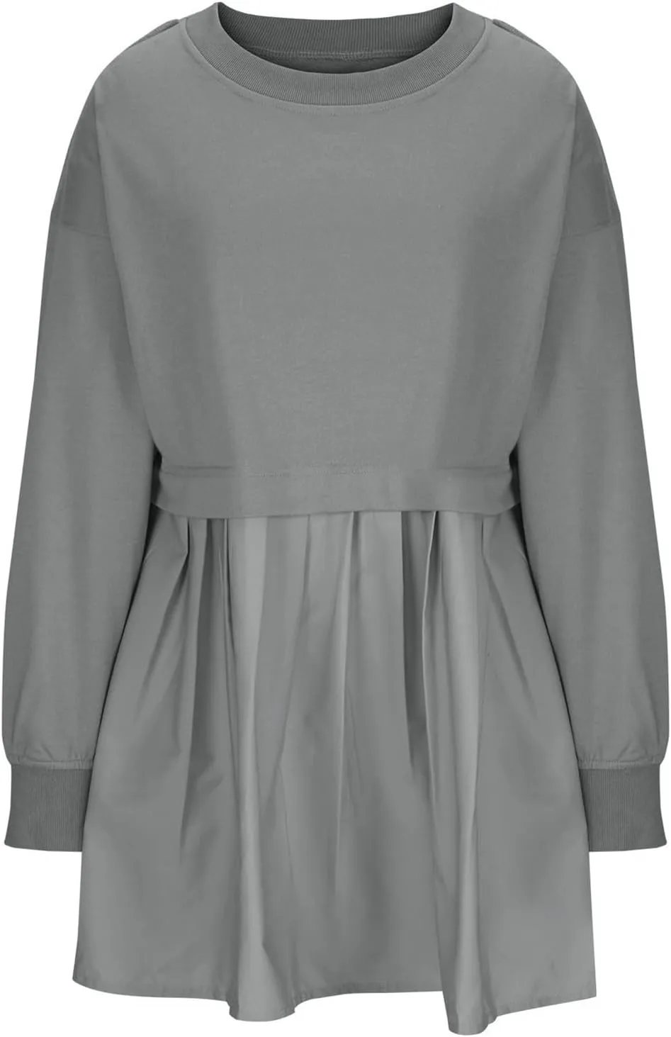 Womens Mini Sweatshirt Dress Oversized Patchwork Color Block Pleated Dresses Long Sleeve Crewneck Pullover Tops