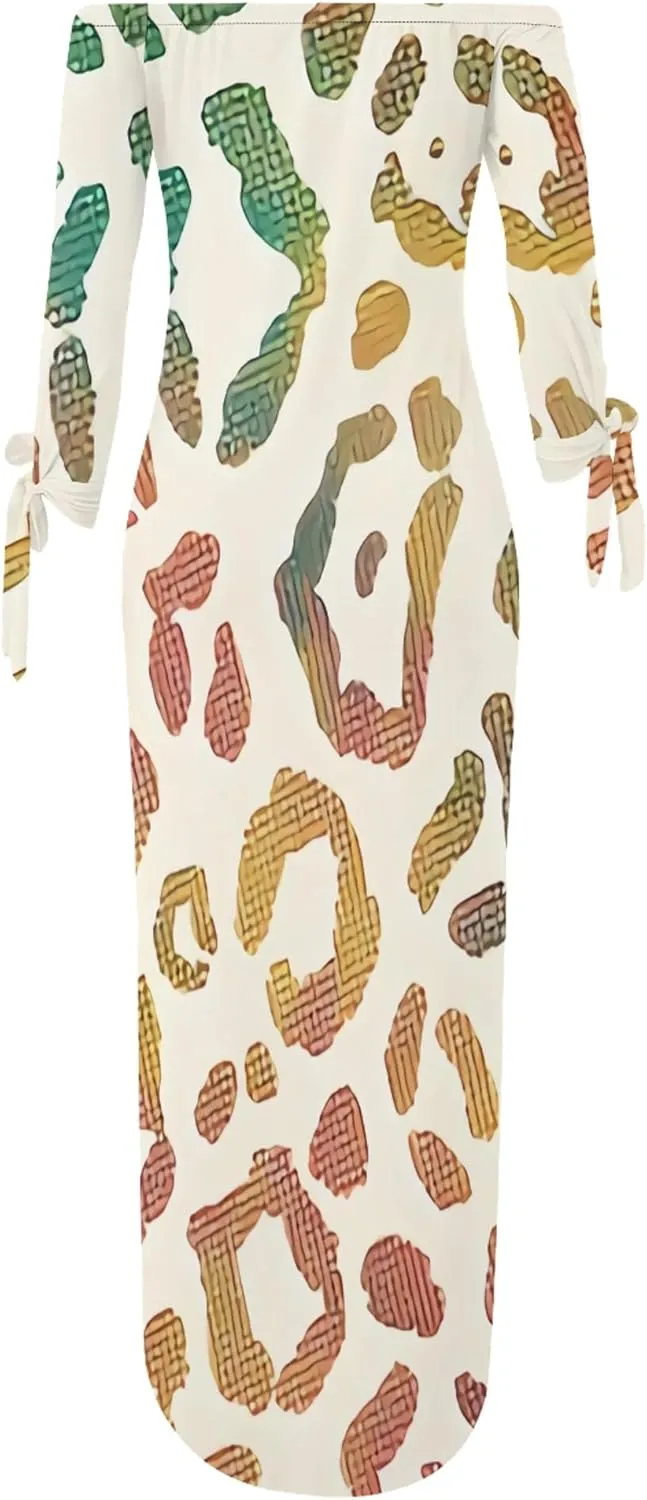 Women's Off Shoulder Maxi Dress Leopard Summer Casual Loose Long Sleeve Side Slit Dresses Sexy T Shirt Beach Long Sundress