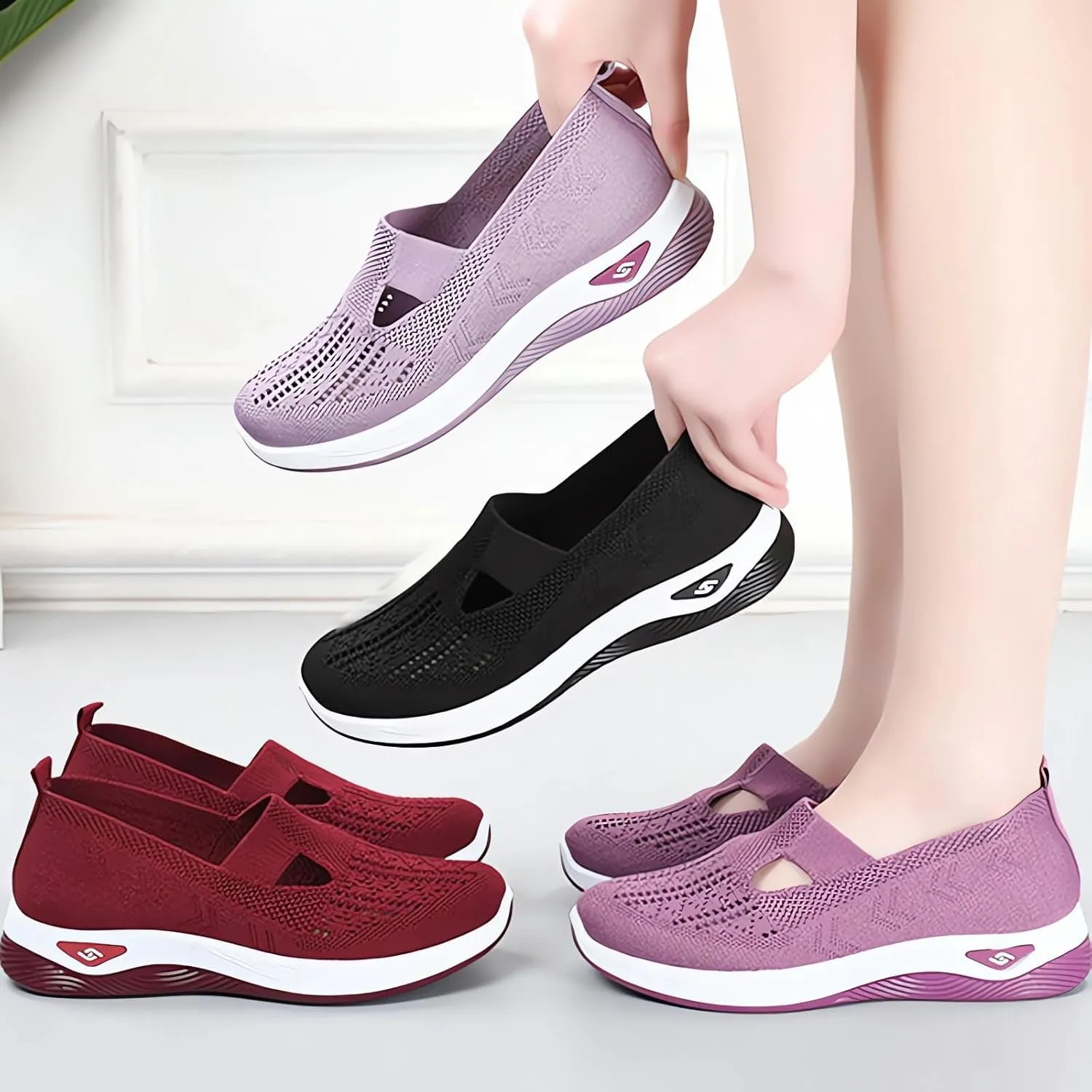 Women's Orthopedic Slip-On Sneakers Breathable Woven Diabetic Shoes with Arch Support,Soft Foam Cushion Hands-Free Design for Walking Comfort