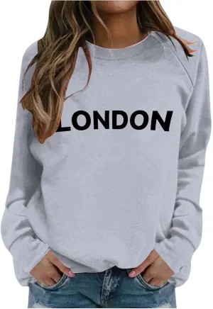 Womens Oversized Crewneck Sweatshirts London Print Crewneck Long Sleeve Pullover Loose Fit Tops Fleece Pullover Fashion 2024