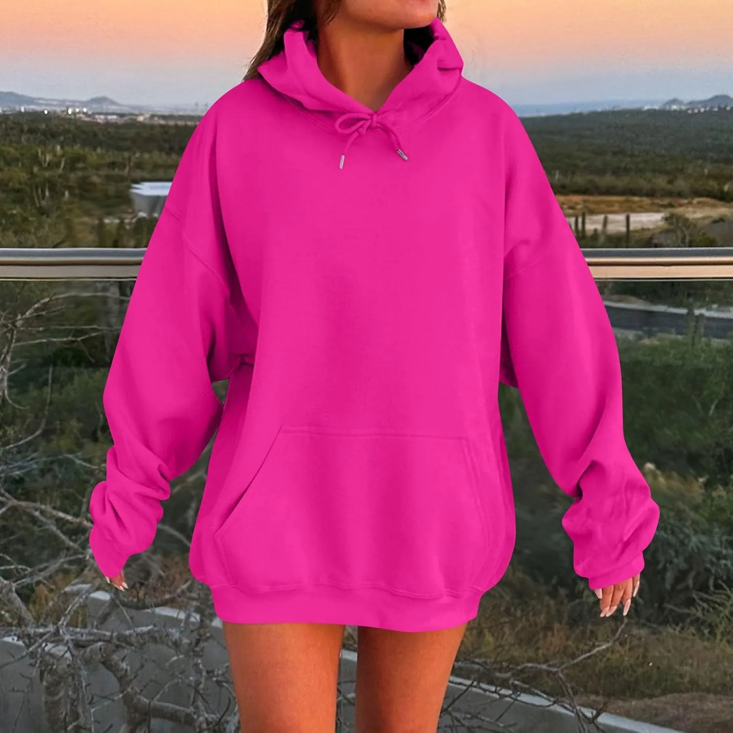 Womens Oversized Hoodies Long Sleeve Pocket Drop Shoulder Pullovers Top Solid Basic Loose Hoodie Sweatshirt
