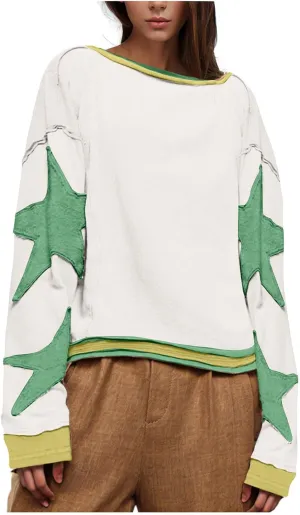 Womens Oversized Sweatshirts Fashion Y2k Tops Casual Crewneck Patchwork Pattern Pullover Shirt 2024 Streetwear