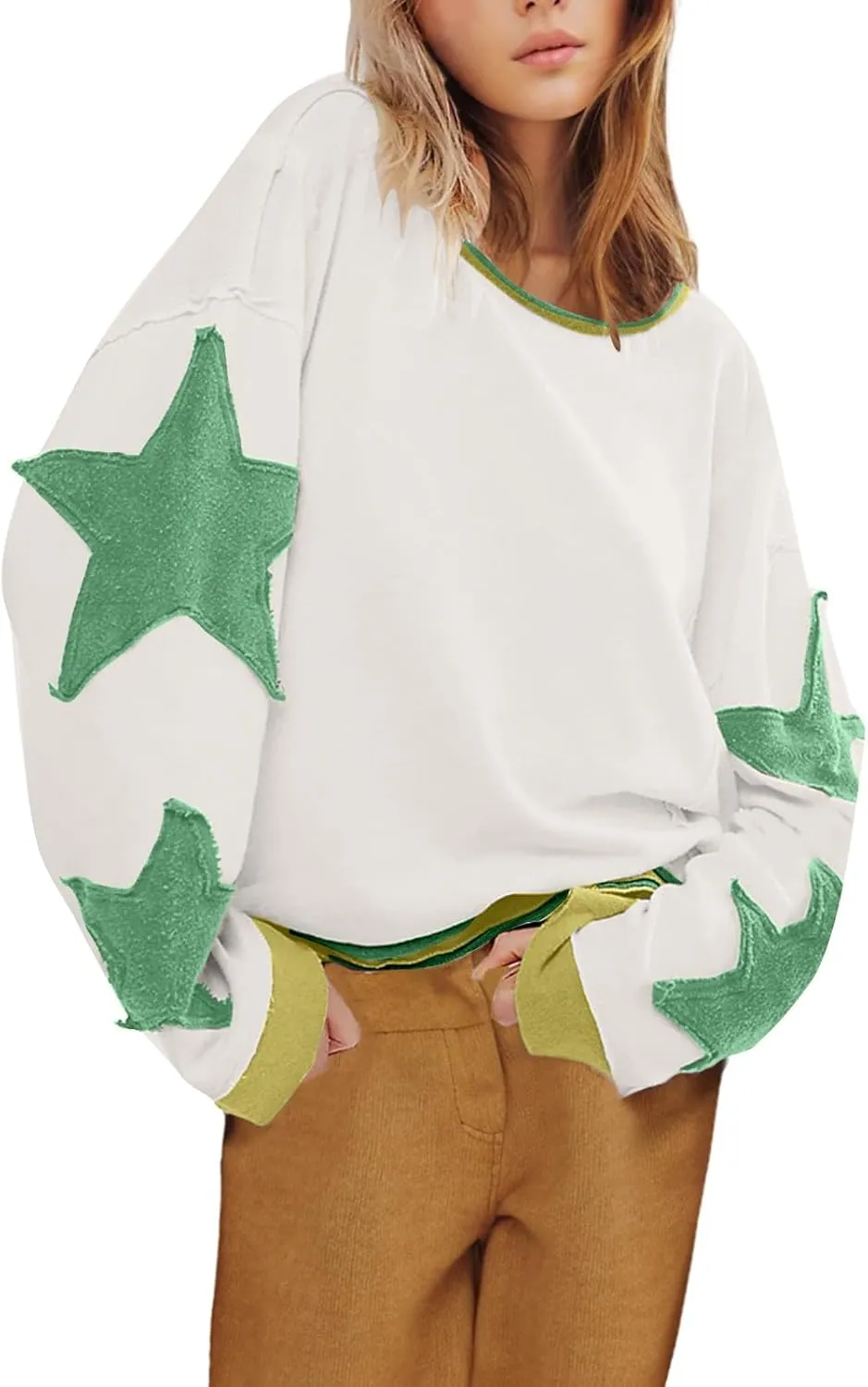 Womens Oversized Sweatshirts Fashion Y2k Tops Casual Crewneck Patchwork Pattern Pullover Shirt 2024 Streetwear