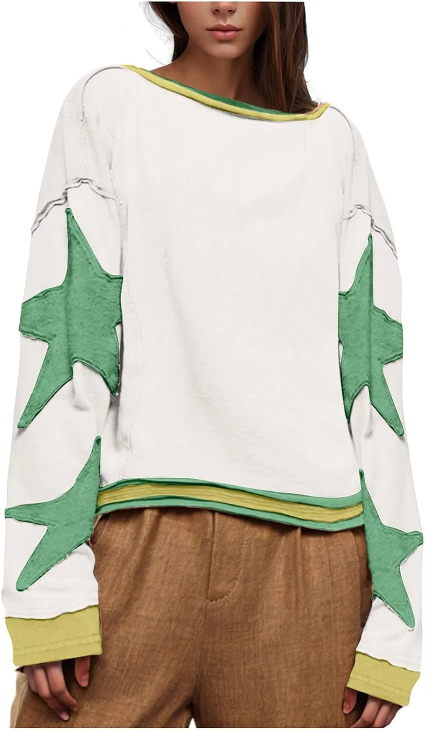 Womens Oversized Sweatshirts Fashion Y2k Tops Casual Crewneck Patchwork Pattern Pullover Shirt 2024 Streetwear