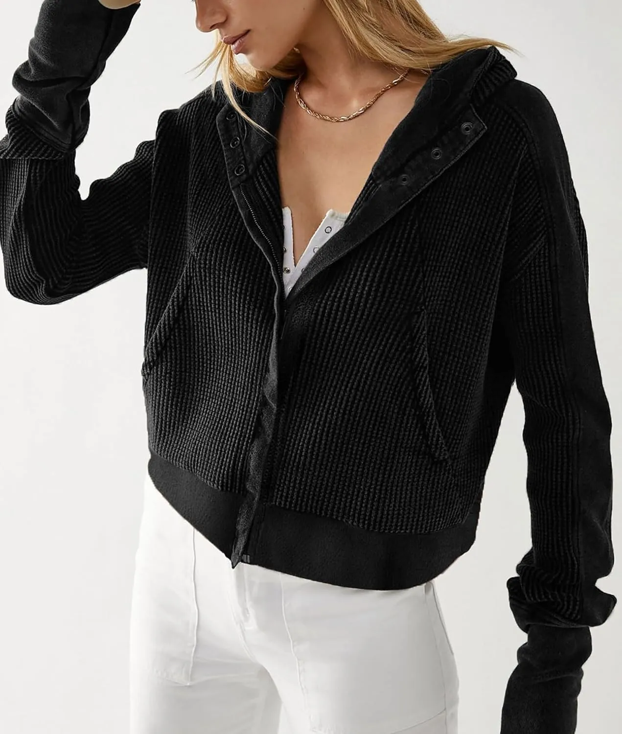 Women's Oversized Zip Up Hoodie Waffle Knit Jacket Button Collar Hooded Sweatshirt Cropped Outerwear With Pockets