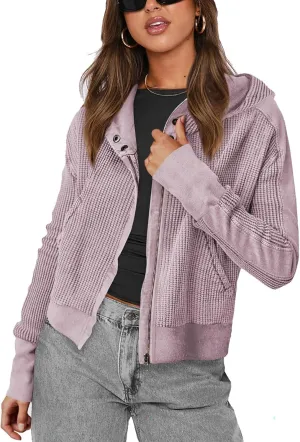 Women's Oversized Zip Up Hoodie Waffle Knit Jacket Button Collar Hooded Sweatshirt Cropped Outerwear With Pockets