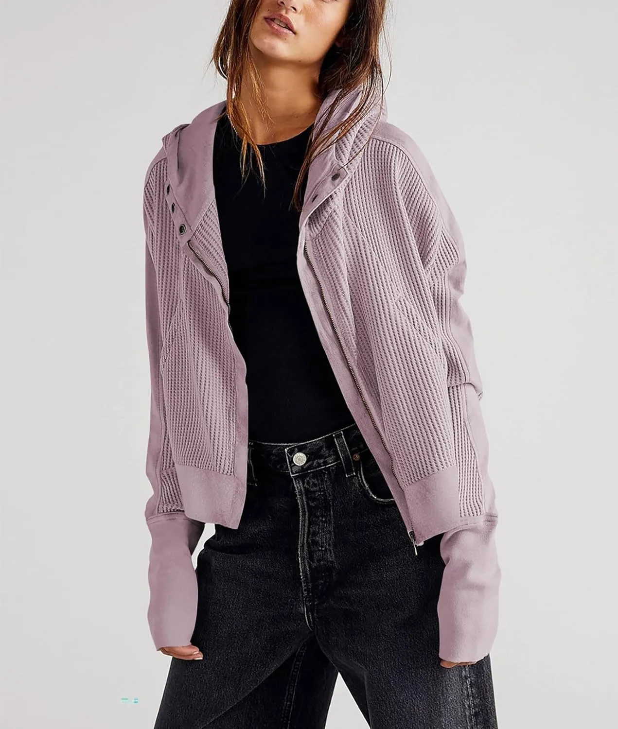 Women's Oversized Zip Up Hoodie Waffle Knit Jacket Button Collar Hooded Sweatshirt Cropped Outerwear With Pockets