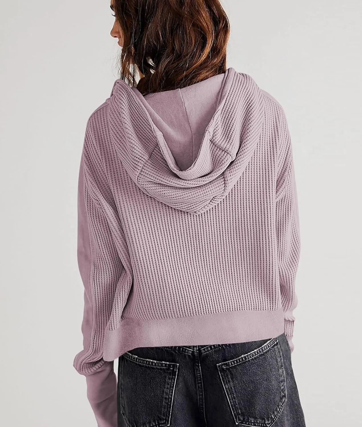 Women's Oversized Zip Up Hoodie Waffle Knit Jacket Button Collar Hooded Sweatshirt Cropped Outerwear With Pockets