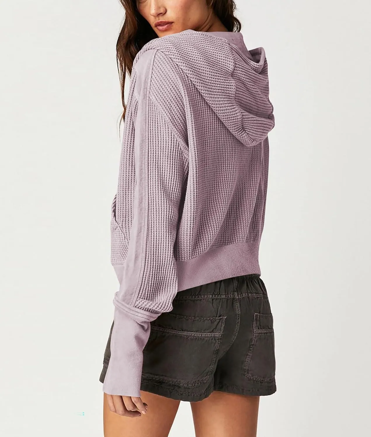 Women's Oversized Zip Up Hoodie Waffle Knit Jacket Button Collar Hooded Sweatshirt Cropped Outerwear With Pockets