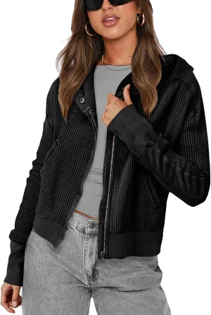 Women's Oversized Zip Up Hoodie Waffle Knit Jacket Button Collar Hooded Sweatshirt Cropped Outerwear With Pockets