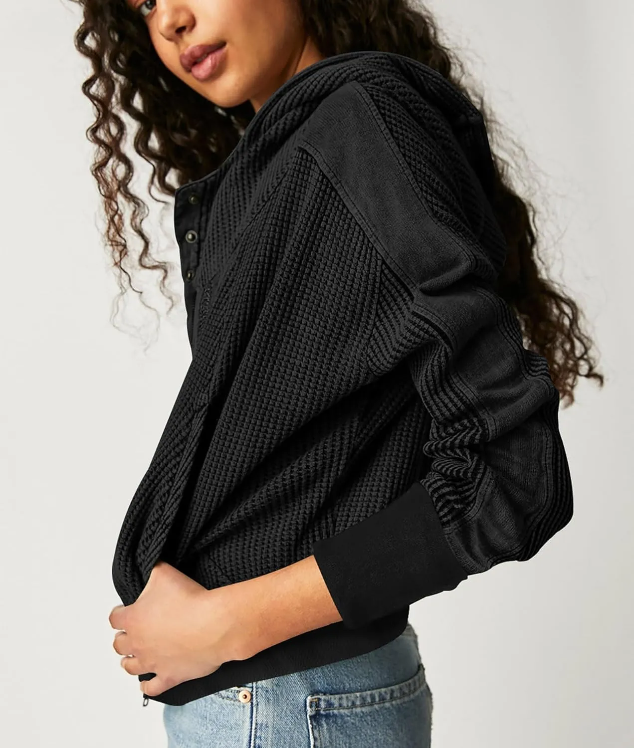 Women's Oversized Zip Up Hoodie Waffle Knit Jacket Button Collar Hooded Sweatshirt Cropped Outerwear With Pockets