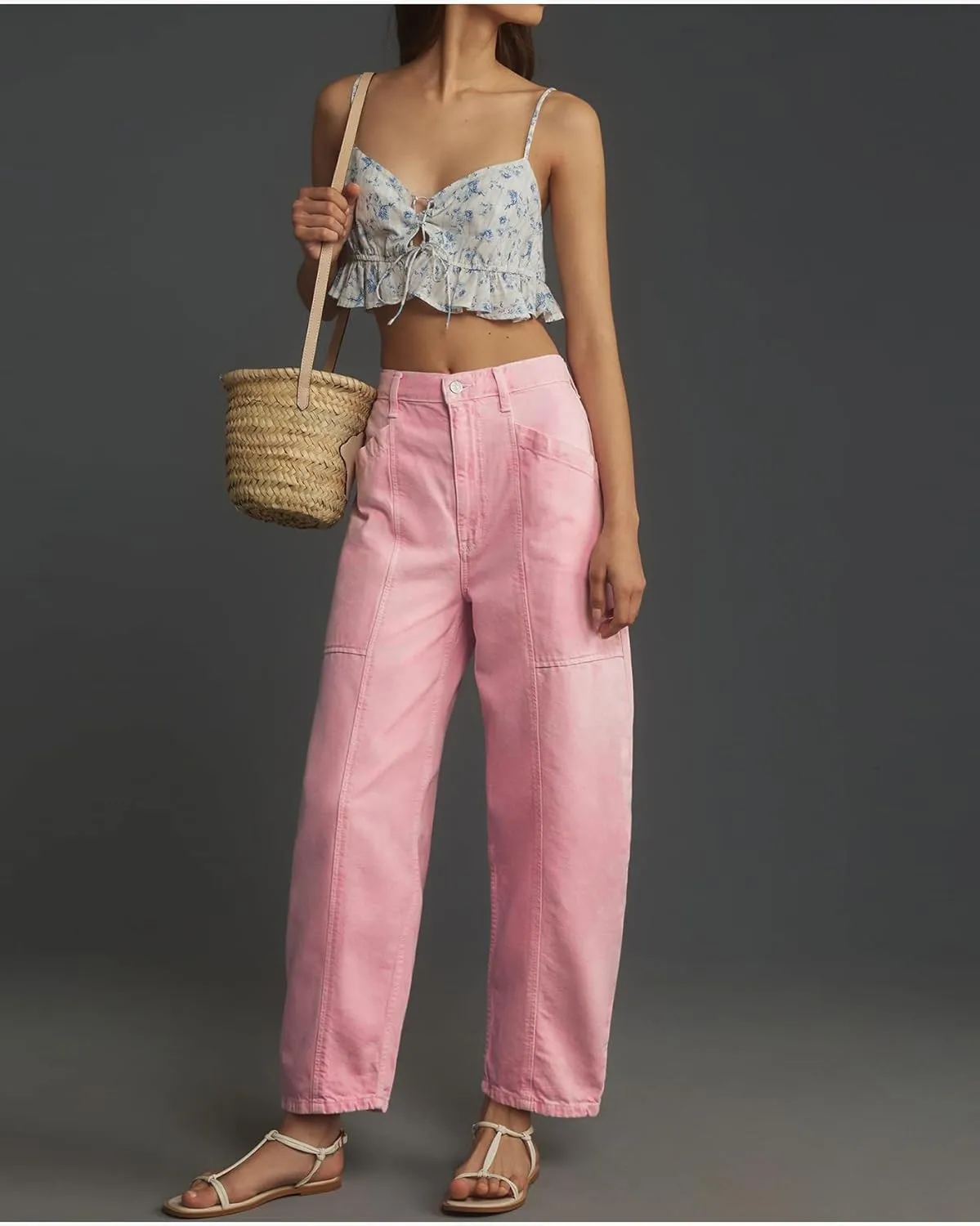 Women's Pink Barrel Jeans High Rise Wide Leg Tapered Jeans Baggy Boyfriend Pants with Pockets