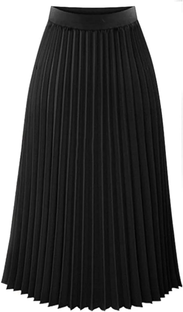 Womens Pleated Midi Skirt High Waist Boho Swing Pleated Skirt Chiffon Casual Elastic A-line Long Skirts