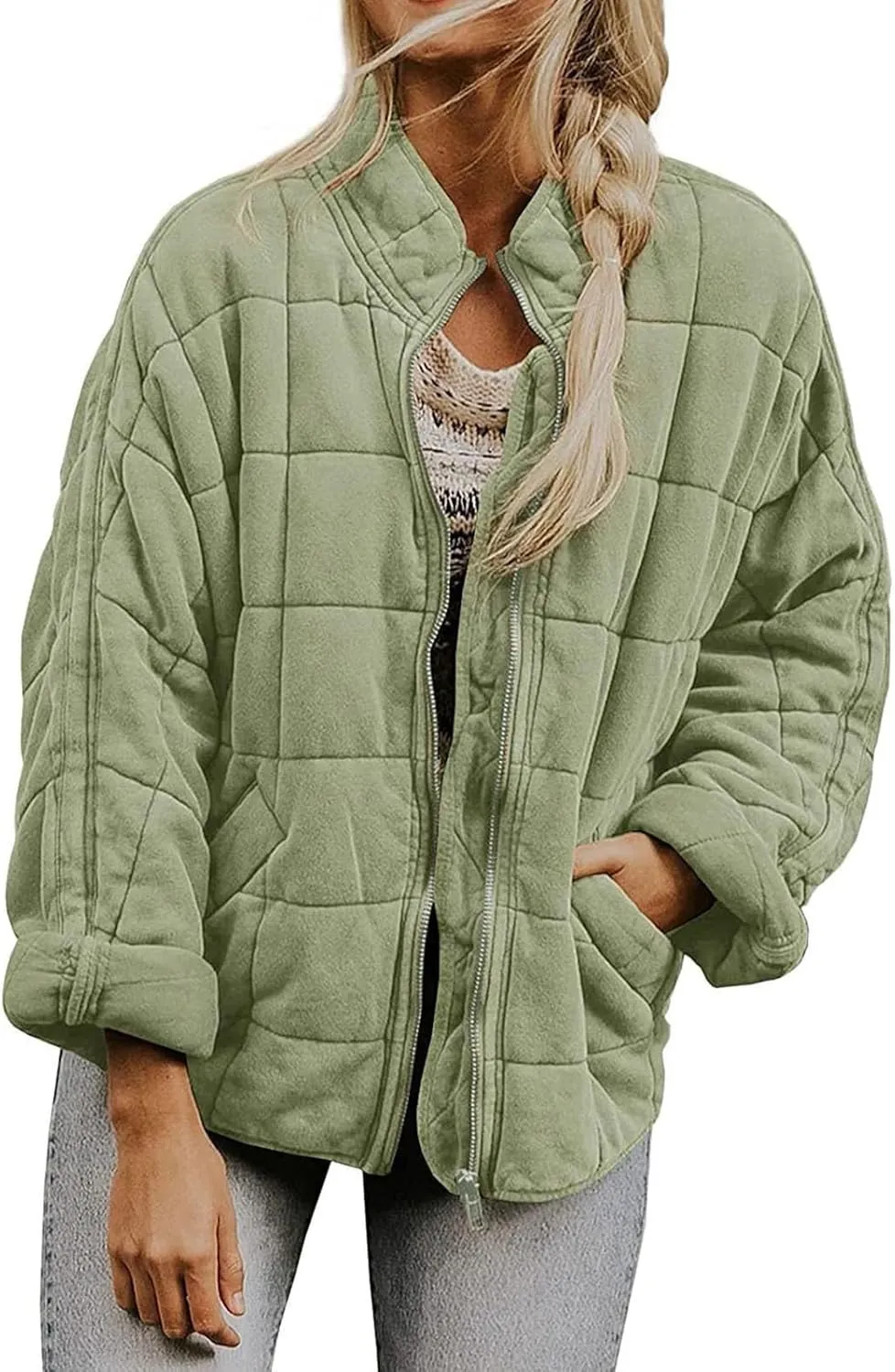 Women's Quilted Puffer Jacket Zip Up Oversized Lightweight Stand Collar Padded Down Coat Winter Loose Warm Outerwear