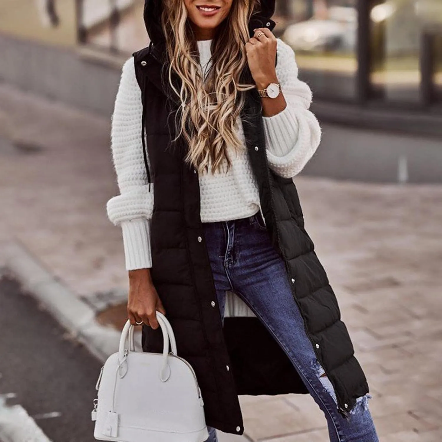 Womens Quilted Puffer Vest with Hooded Zipper Lightweight Long Down Sleeveless Jackets Warm Winter Coats with Pockets