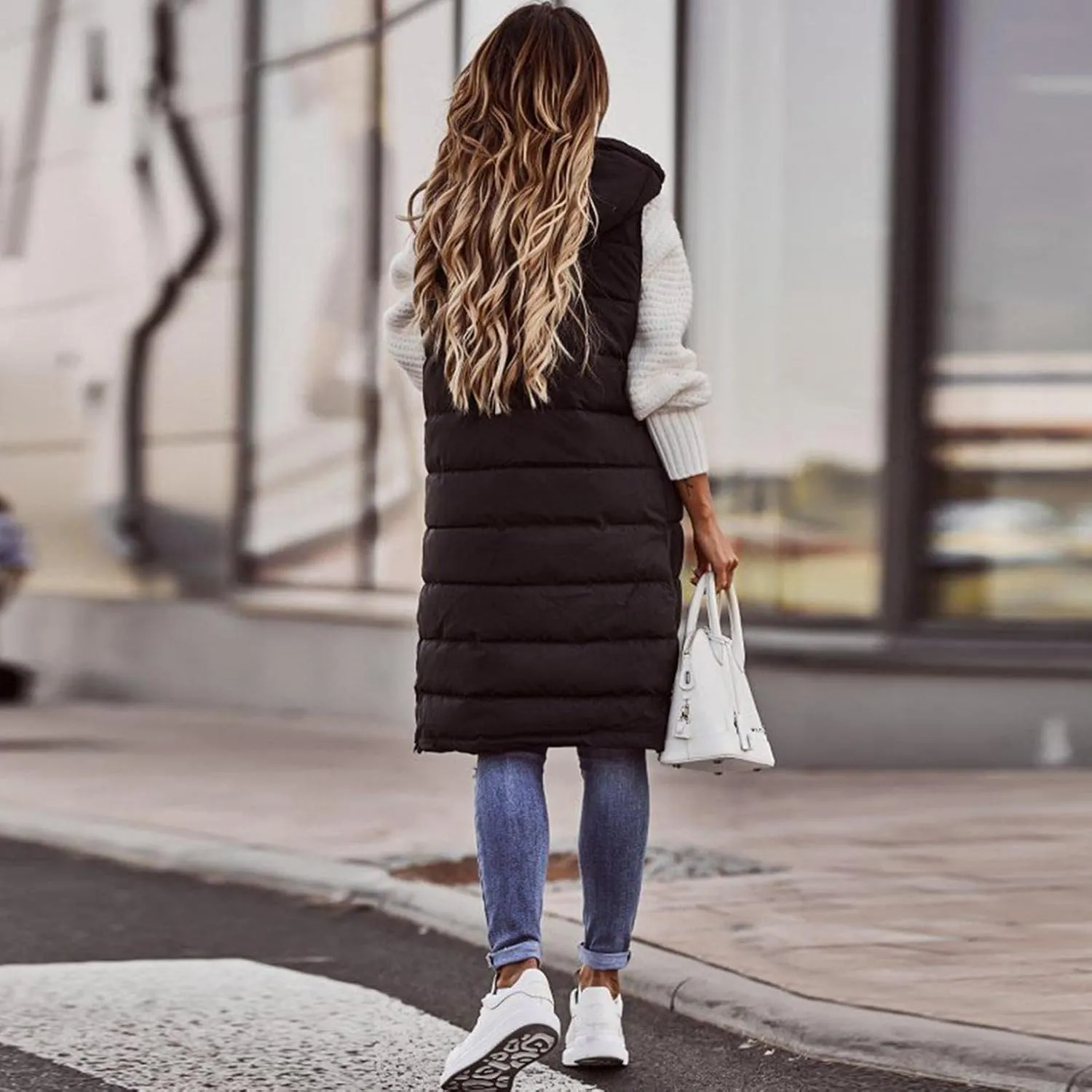 Womens Quilted Puffer Vest with Hooded Zipper Lightweight Long Down Sleeveless Jackets Warm Winter Coats with Pockets