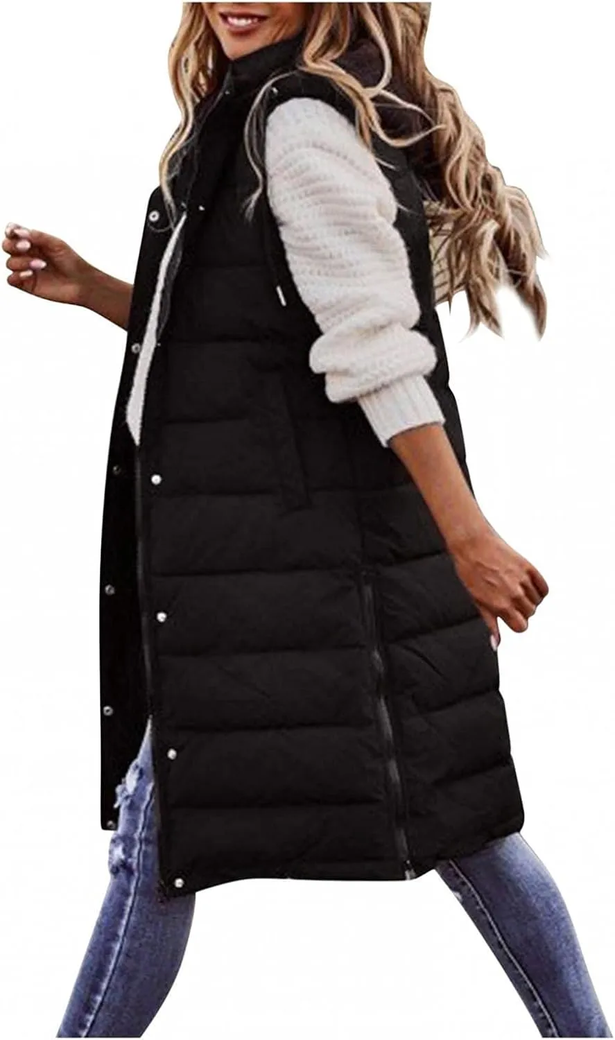 Womens Quilted Puffer Vest with Hooded Zipper Lightweight Long Down Sleeveless Jackets Warm Winter Coats with Pockets