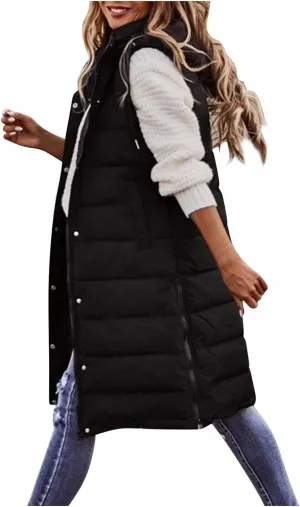 Womens Quilted Puffer Vest with Hooded Zipper Lightweight Long Down Sleeveless Jackets Warm Winter Coats with Pockets