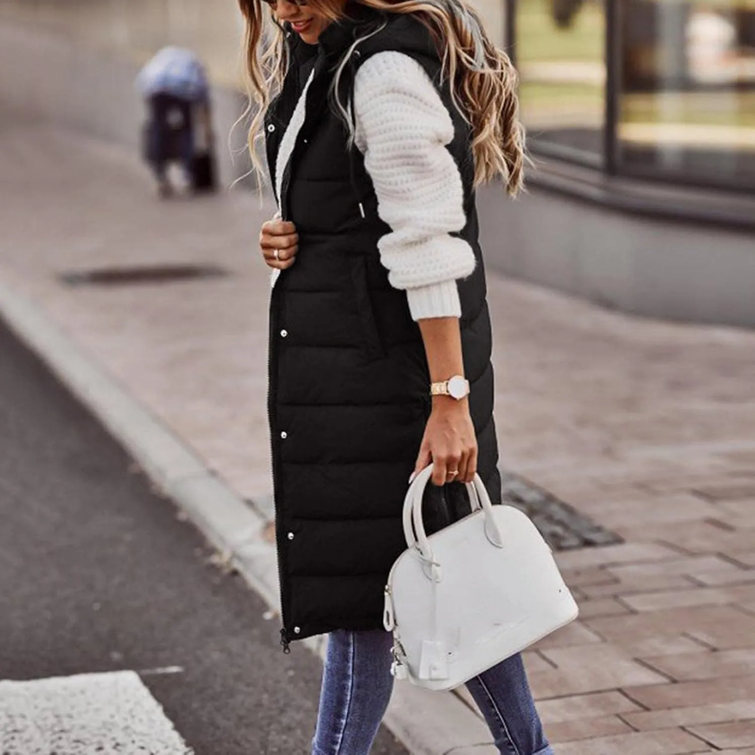Womens Quilted Puffer Vest with Hooded Zipper Lightweight Long Down Sleeveless Jackets Warm Winter Coats with Pockets