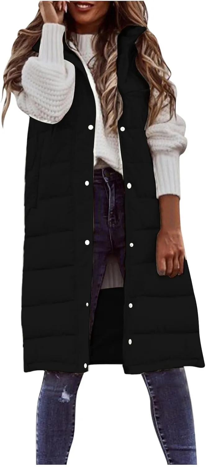 Womens Quilted Puffer Vest with Hooded Zipper Lightweight Long Down Sleeveless Jackets Warm Winter Coats with Pockets