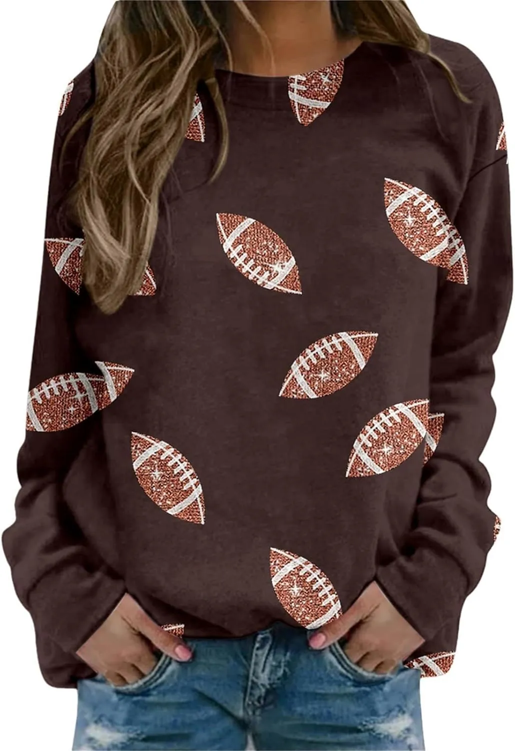 Womens Rugby Print Sweatshirt Casual Loose Crewneck Long Sleeve Drop Shoulder Pullovers Regular Fit Loose Active Tops