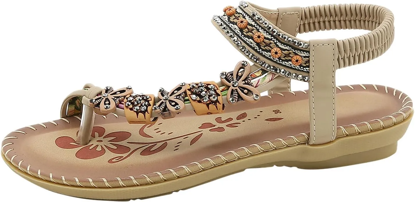 Womens Sandals Flats Shoes: Comfortable Bohemian Beaded Dressy Summer Flat Casual Ankle Strap Elastic Slip on Beach Sandal