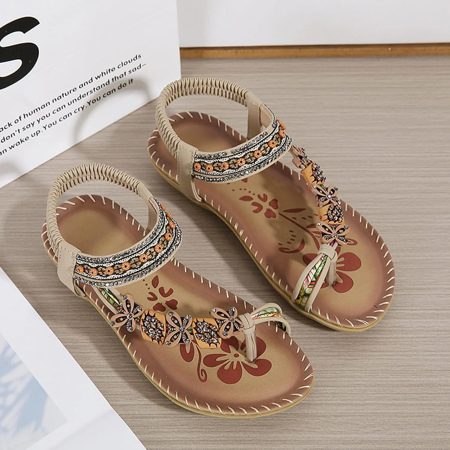 Womens Sandals Flats Shoes: Comfortable Bohemian Beaded Dressy Summer Flat Casual Ankle Strap Elastic Slip on Beach Sandal