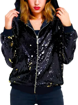 Women's Sequin Zip Up Hoodie Sweatshirt Loose Long Sleeve Jacket Glitter Party Shiny Baseball Coat Casual Rave Outfits Black Jacket Women Womens Sweatshirts BK1 Small