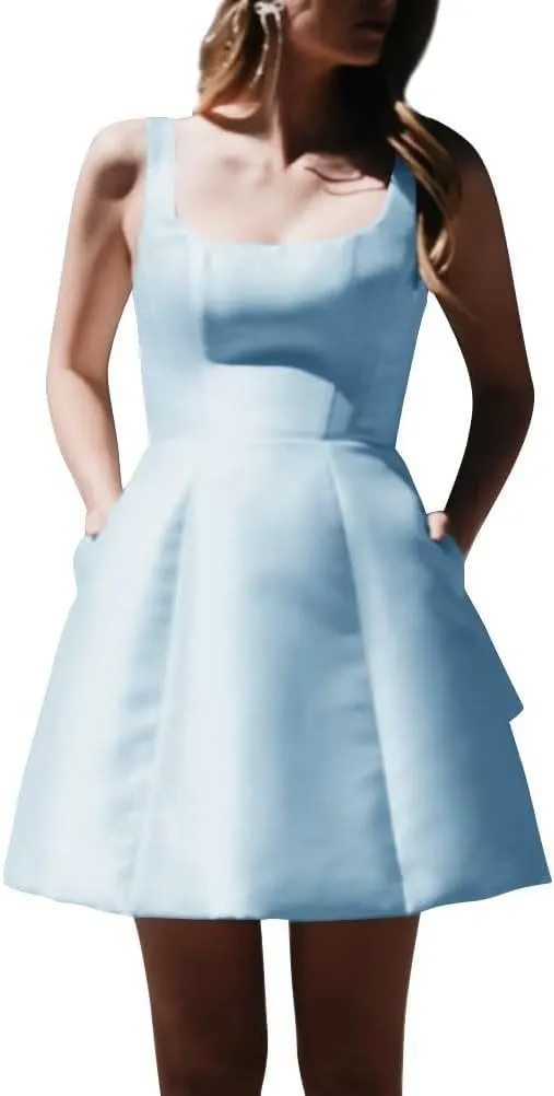 Women's Short Homecoming Dresses Sqaure Neck Satin Wedding Party Mini Cocktail Gowns with Bow Back
