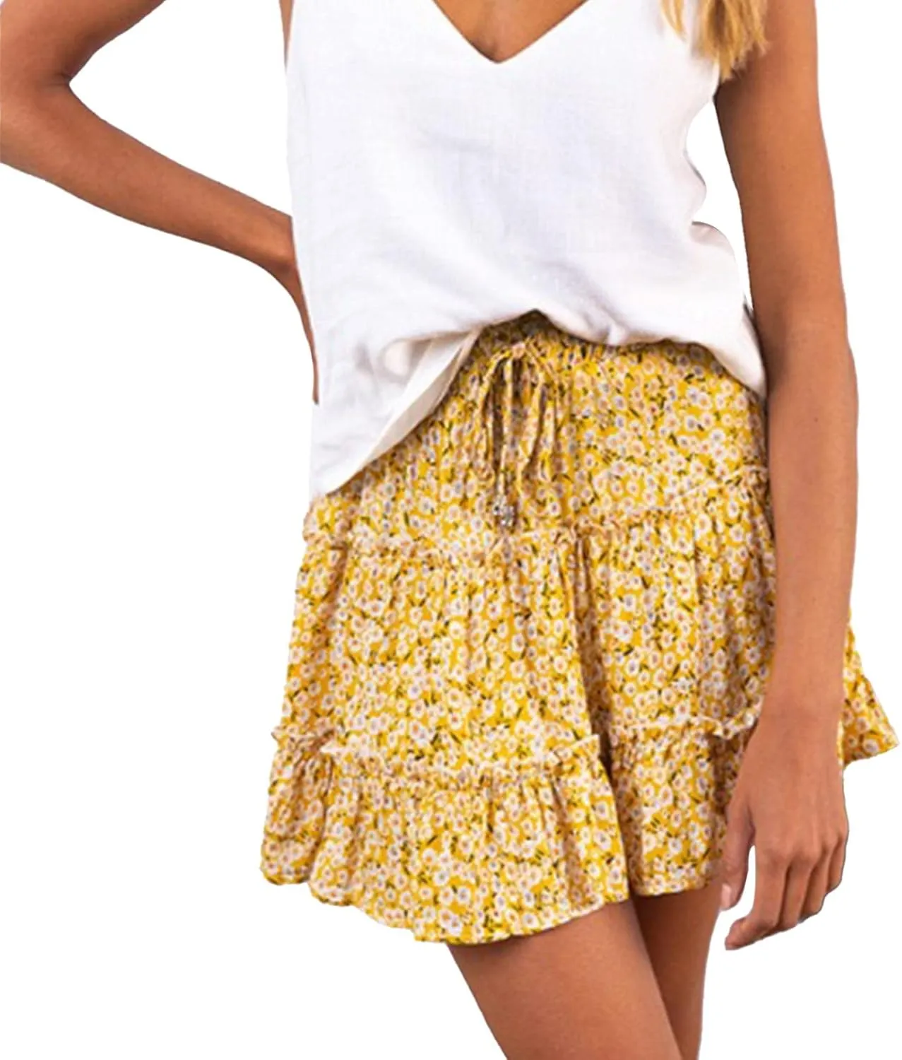 Women's Skirts for Summer 2025 Trendy Ruffle Hem Drawstring High Elastic Waist Boha Floral Print Pleated Beach Skirts