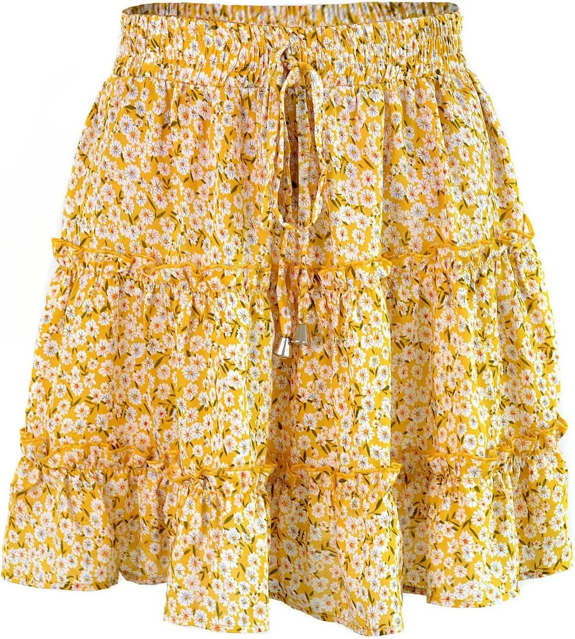 Women's Skirts for Summer 2025 Trendy Ruffle Hem Drawstring High Elastic Waist Boha Floral Print Pleated Beach Skirts
