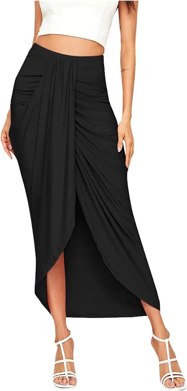 Women's Slit Ruched High Waisted Bodycon Maxi Skirt Summer Solid Draped Asymmetrical Hem Wrap Long Skirts Beach Clubwear 2024