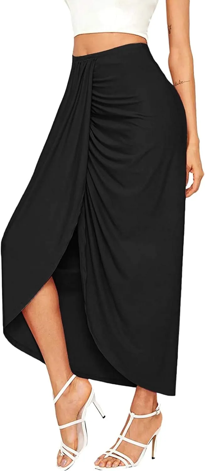 Women's Slit Ruched High Waisted Bodycon Maxi Skirt Summer Solid Draped Asymmetrical Hem Wrap Long Skirts Beach Clubwear 2024