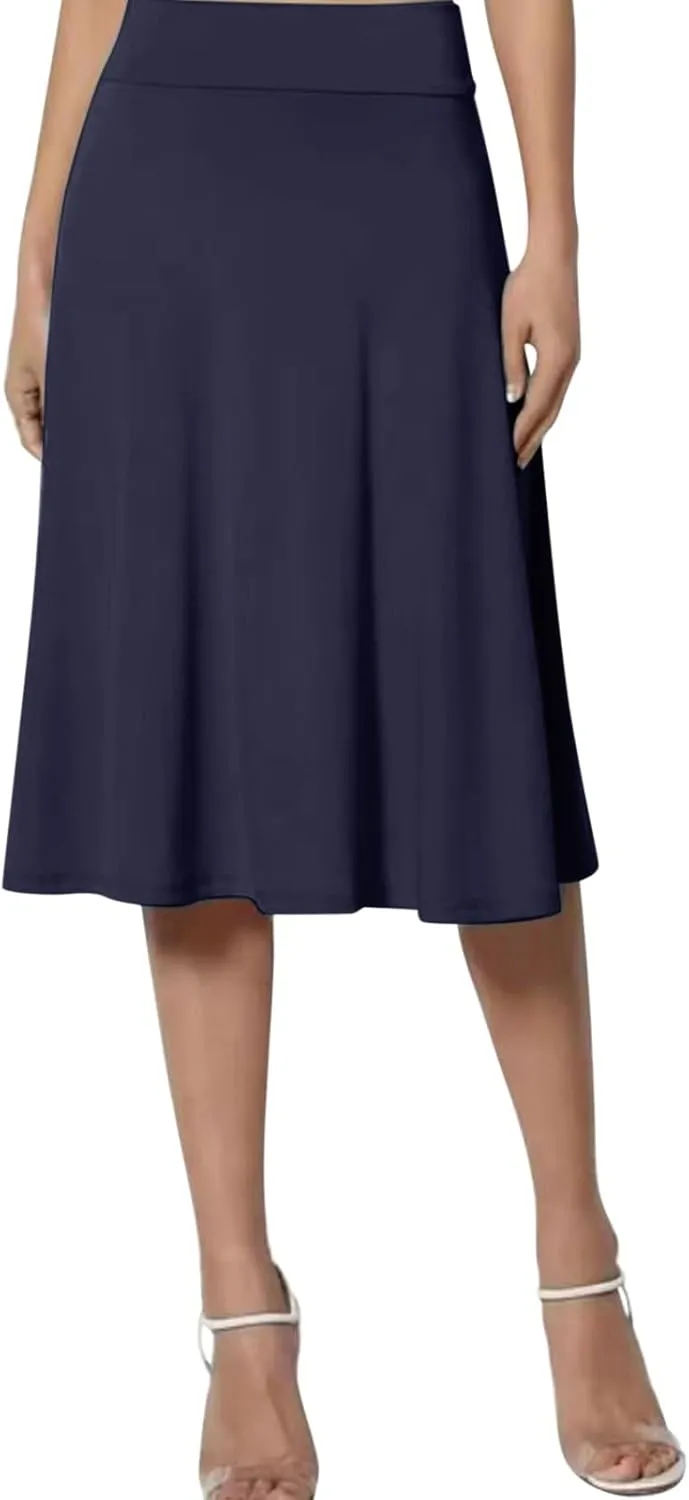 Women's Solid Basic Lightweight Midi Skirts Flare Knee Length Skirt Elastic Waist Office Pleated Skirt