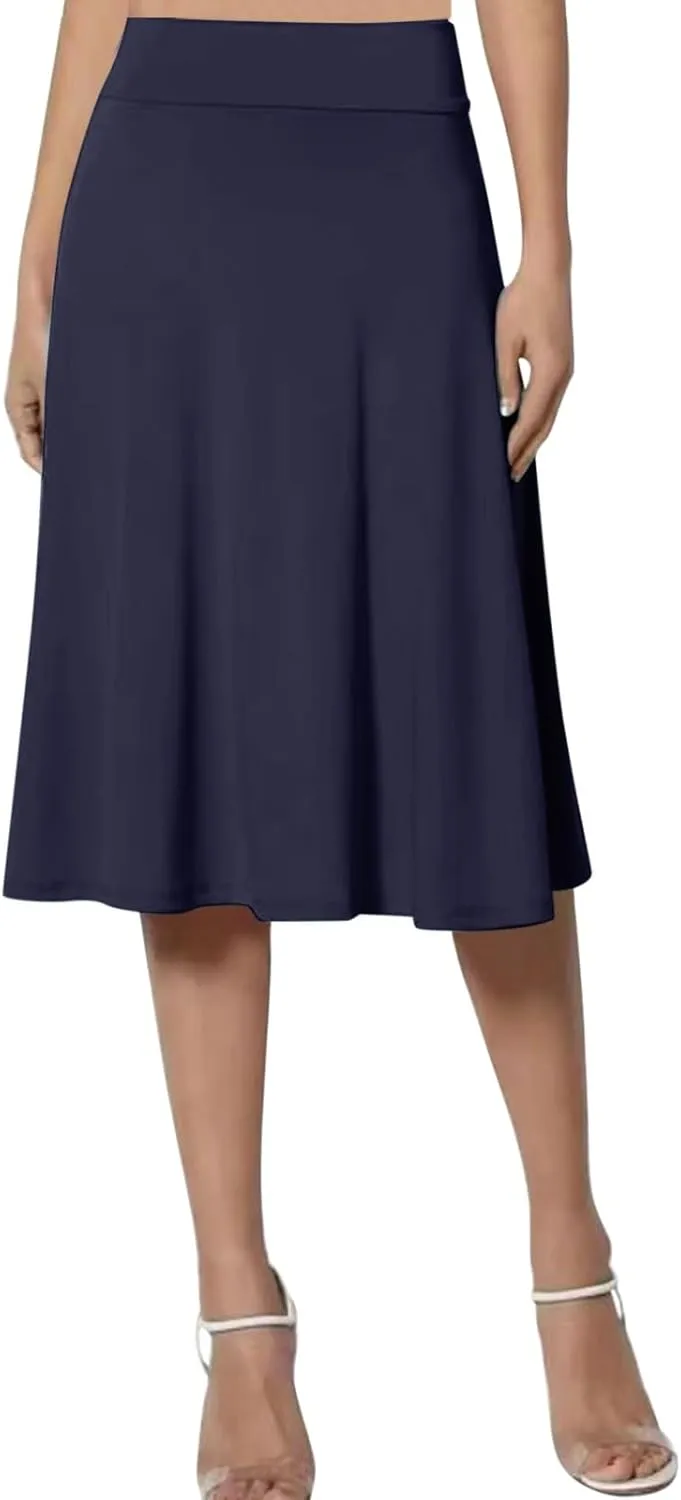 Women's Solid Basic Lightweight Midi Skirts Flare Knee Length Skirt Elastic Waist Office Pleated Skirt