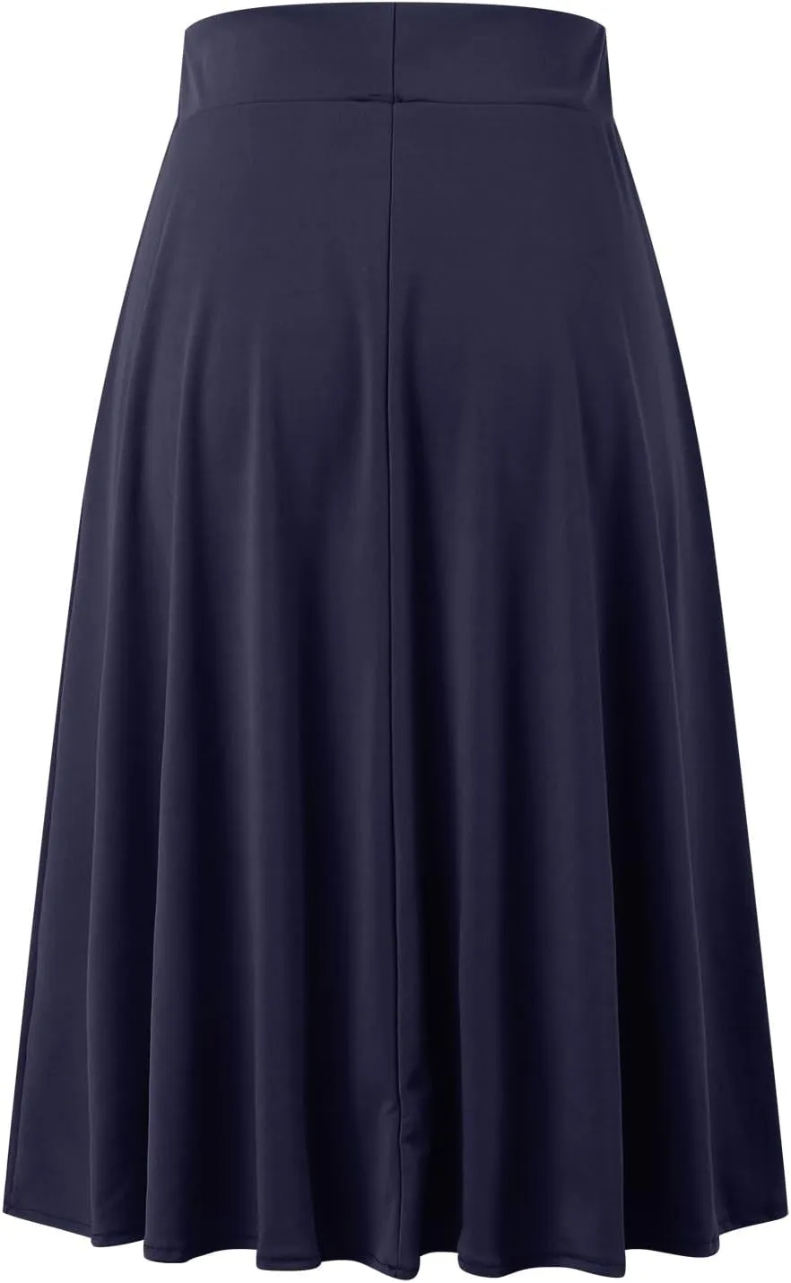 Women's Solid Basic Lightweight Midi Skirts Flare Knee Length Skirt Elastic Waist Office Pleated Skirt