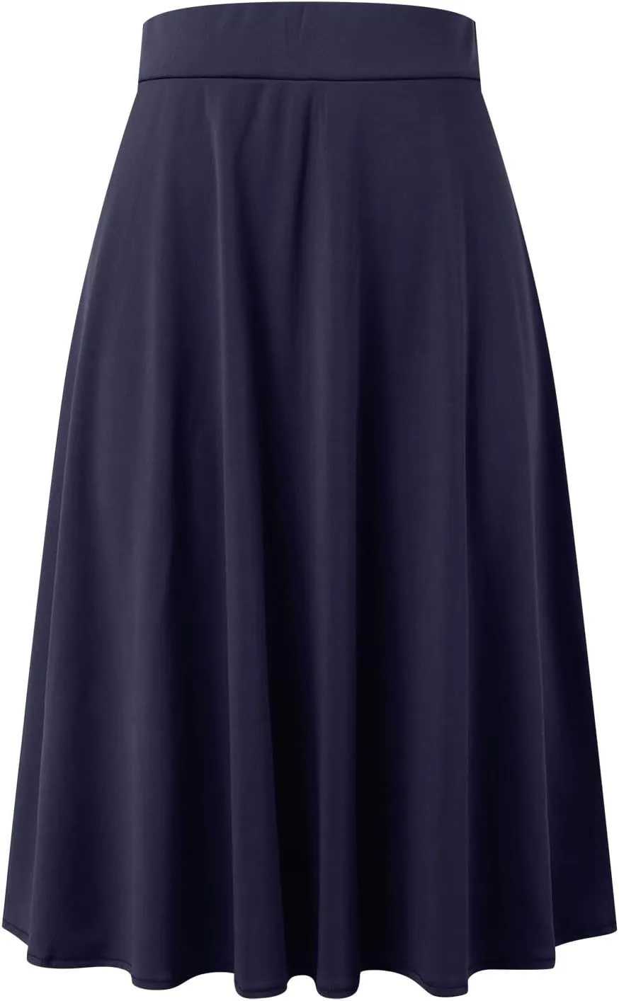 Women's Solid Basic Lightweight Midi Skirts Flare Knee Length Skirt Elastic Waist Office Pleated Skirt