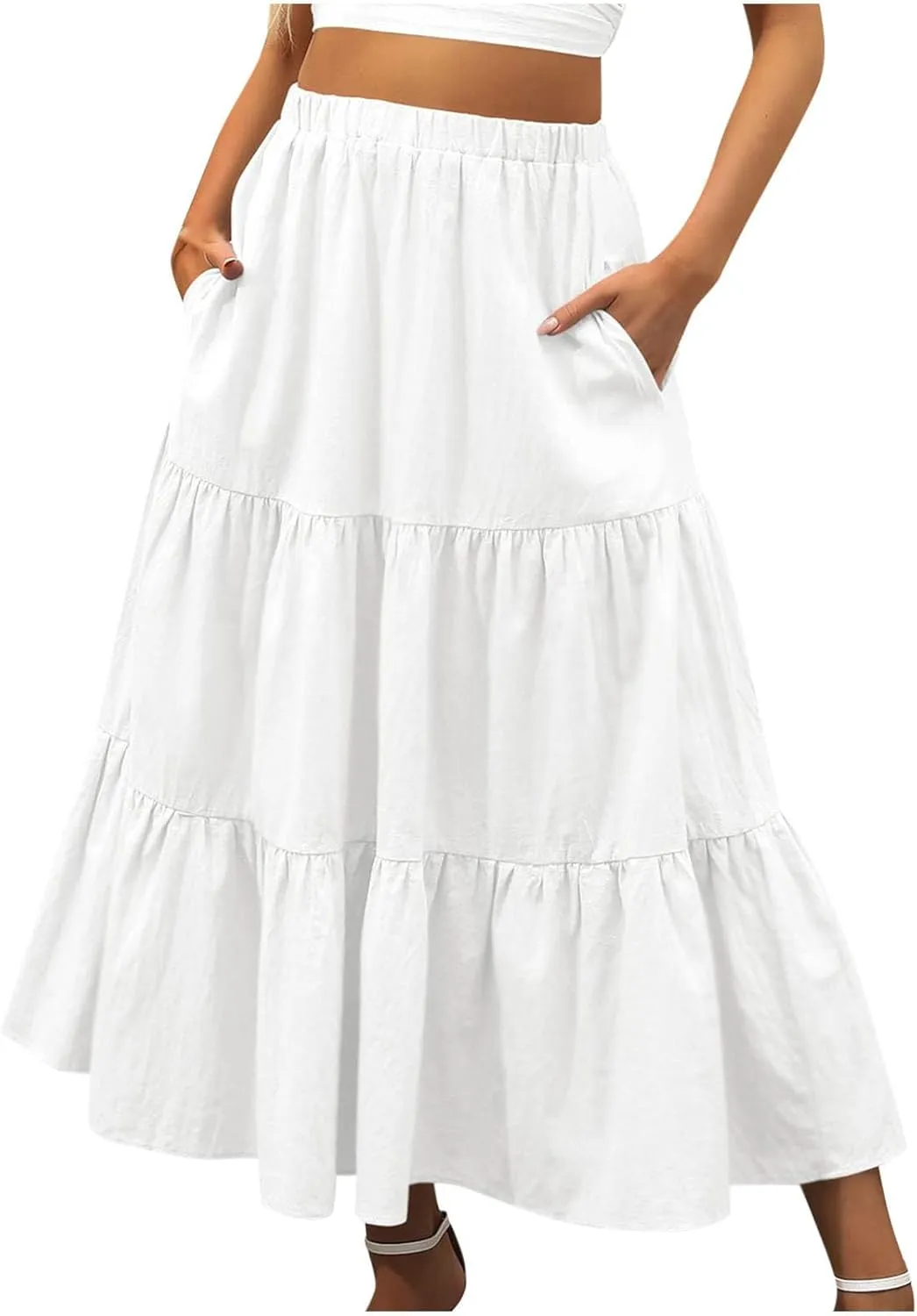 Womens Summer Boho Maxi Skirts Elastic Waist Pleated A Line Long Skirt Flowy Tiered Swing Beach Skirt with Pockets
