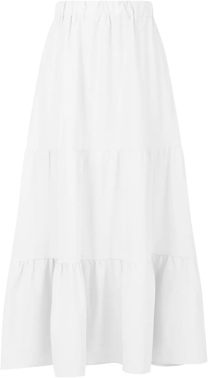 Womens Summer Boho Maxi Skirts Elastic Waist Pleated A Line Long Skirt Flowy Tiered Swing Beach Skirt with Pockets