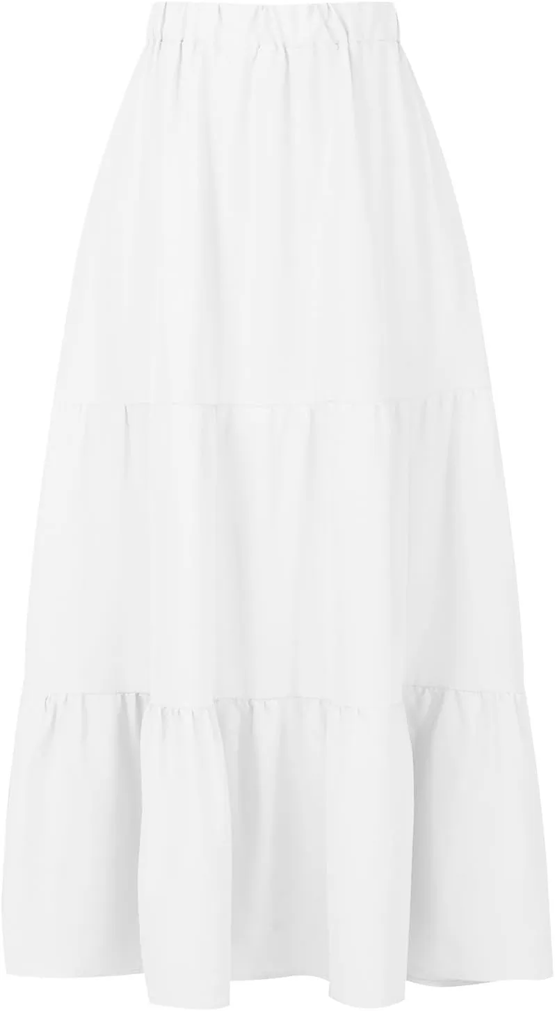 Womens Summer Boho Maxi Skirts Elastic Waist Pleated A Line Long Skirt Flowy Tiered Swing Beach Skirt with Pockets